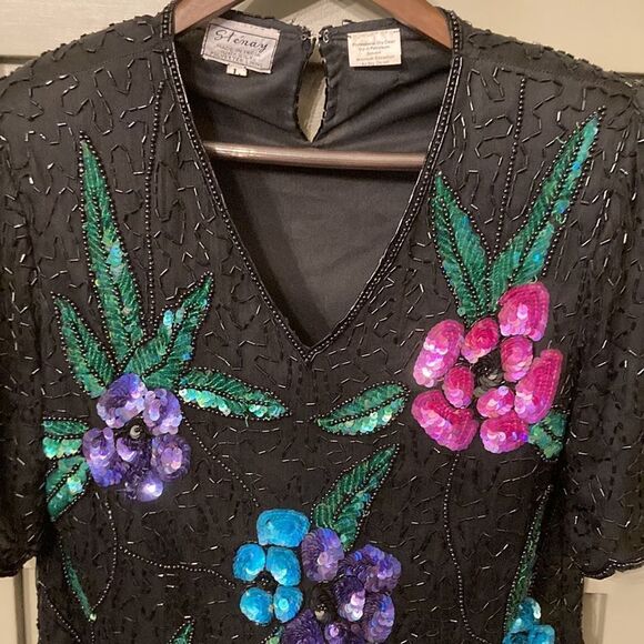 stenay Vintage 80s 100% Silk Beaded Sequined Flower Top Blouse Size Large - Picture 5 of 7